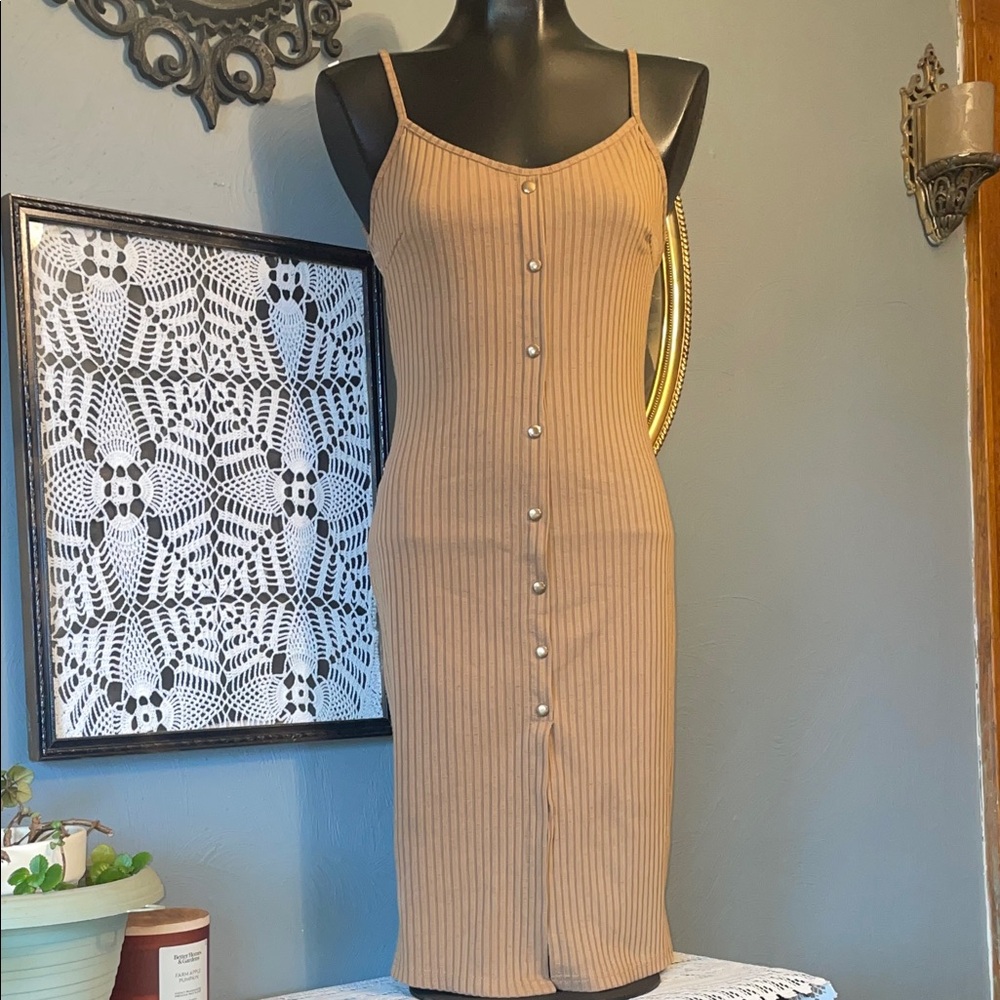 Say What? Ribbed Button-Front Midi Dress in Camel
